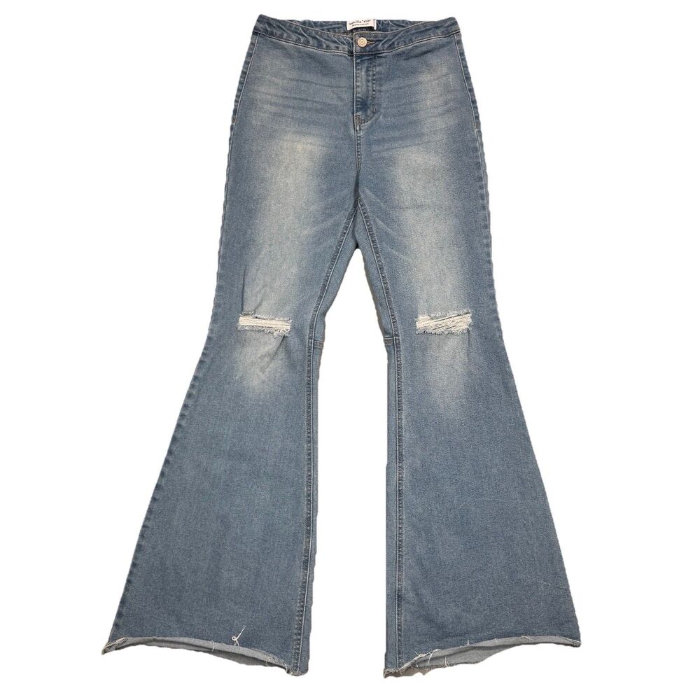 Vanilla Star Bell Flare Jeans Juniors 9 High Rise Distress Blue Measures 28x30.5